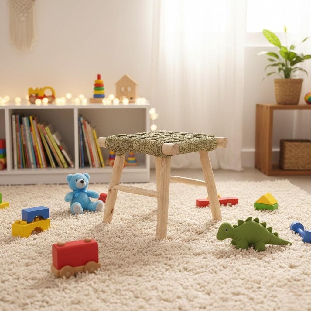 Tabouret marocain en bois et feuille de palmier tressée – Siège artisanal bohème en fibres naturelles