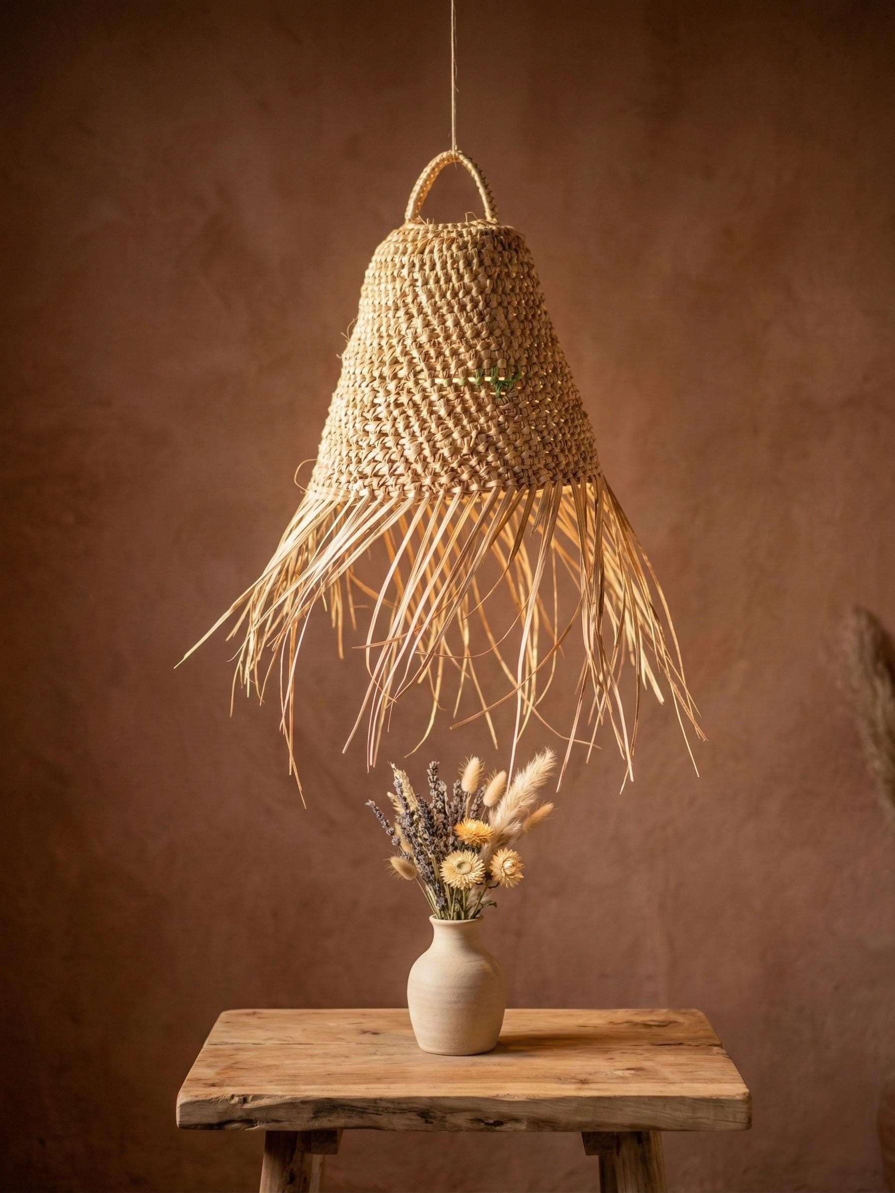 Suspension Luminaire Cloche en Feuille de Palmier - Abat-jour Bohème Naturel Fait Main - Éclairage Artisanal Marocain - Déco Méditerranéenne