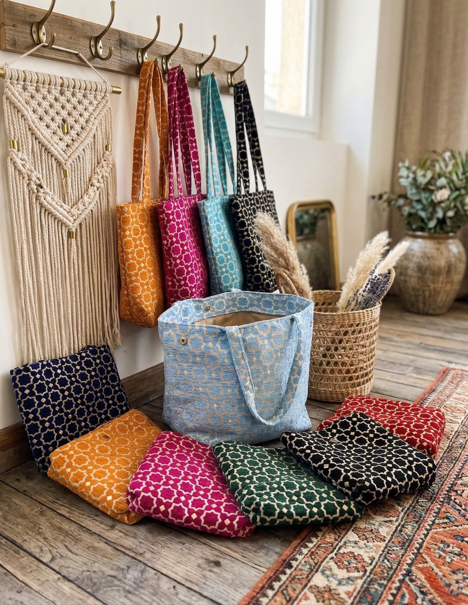 Large Embroidered Moroccan Tote Bag - Chic & Colorful Oriental Fabric - Shoulder Bag with Interior Pocket - 13 Colors