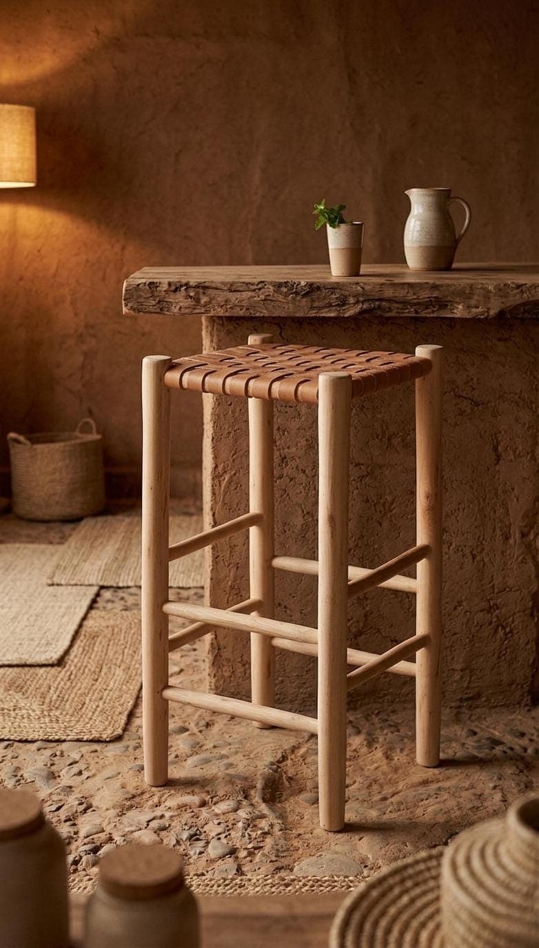 Leather Bar Stool – Handwoven Leather & Solid Wood Stool – Moroccan Handmade Bar Chair – Boho Rustic Kitchen Stool – Natural Home Decor