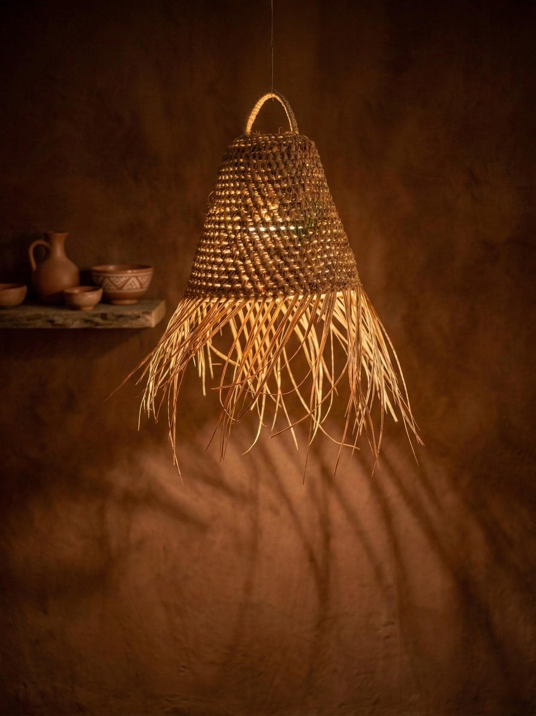 Suspension Luminaire Cloche en Feuille de Palmier - Abat-jour Bohème Naturel Fait Main - Éclairage Artisanal Marocain - Déco Méditerranéenne