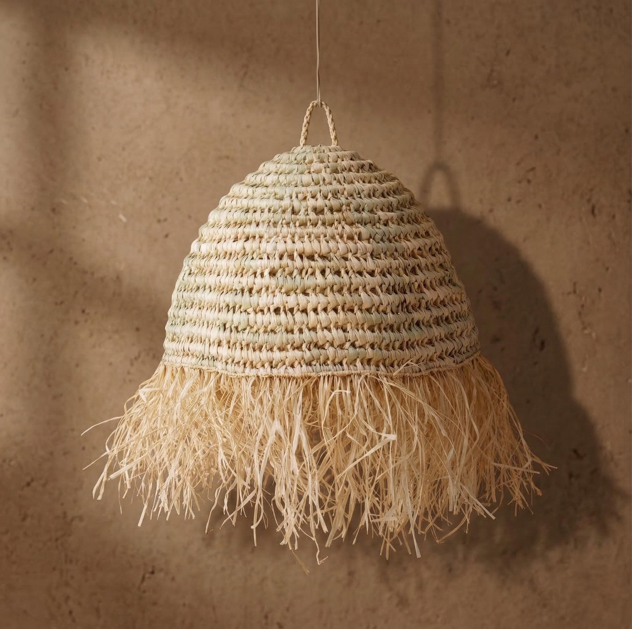 Suspension Demi-Boule Feuille de Palmier - Luminaire Naturel Bohème - Abat-jour Artisanal Osier Fait Main