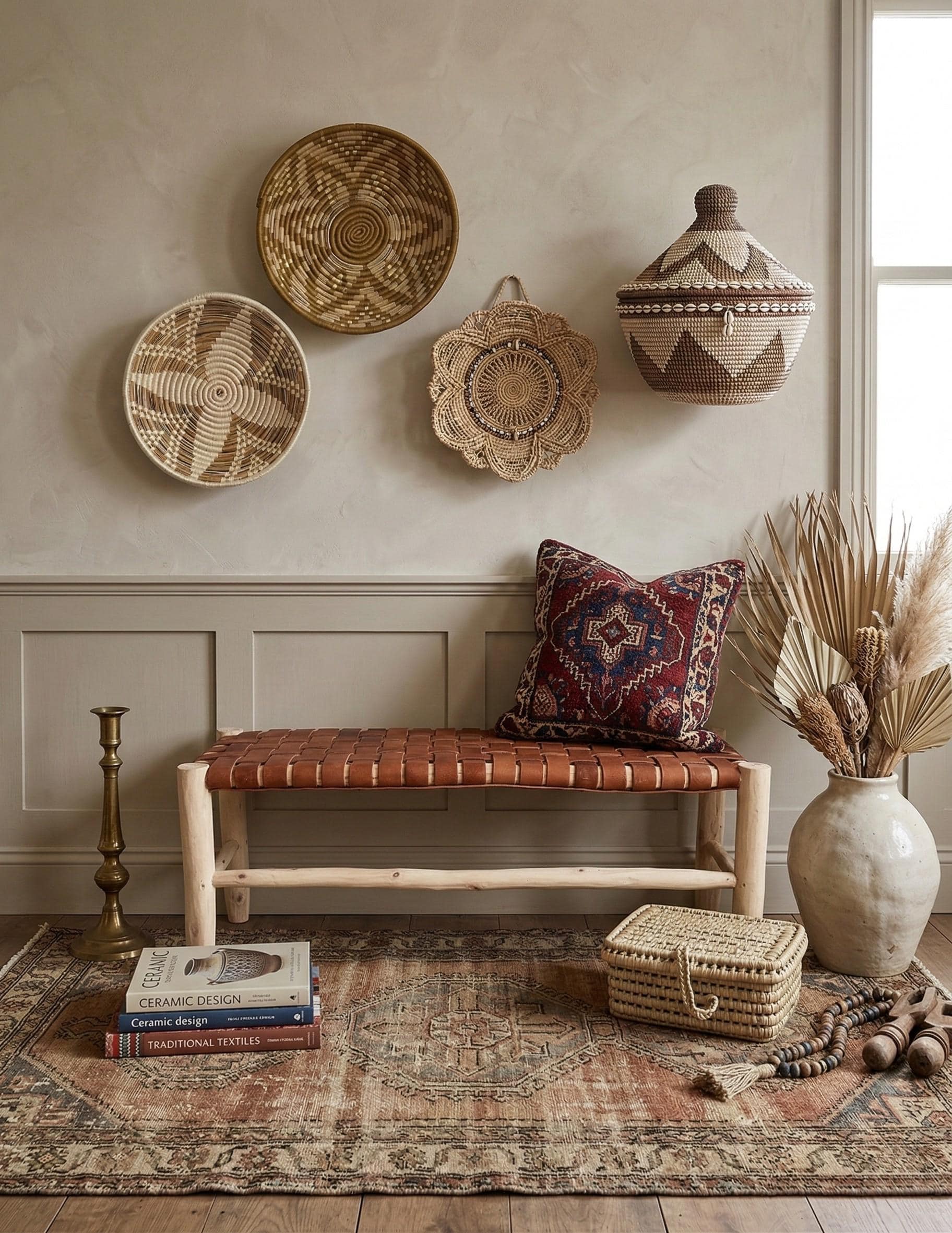 Banc artisanal en bois et cuir tressé – cuir foncé ou cuir clair – Style bohème chic et rustique moderne