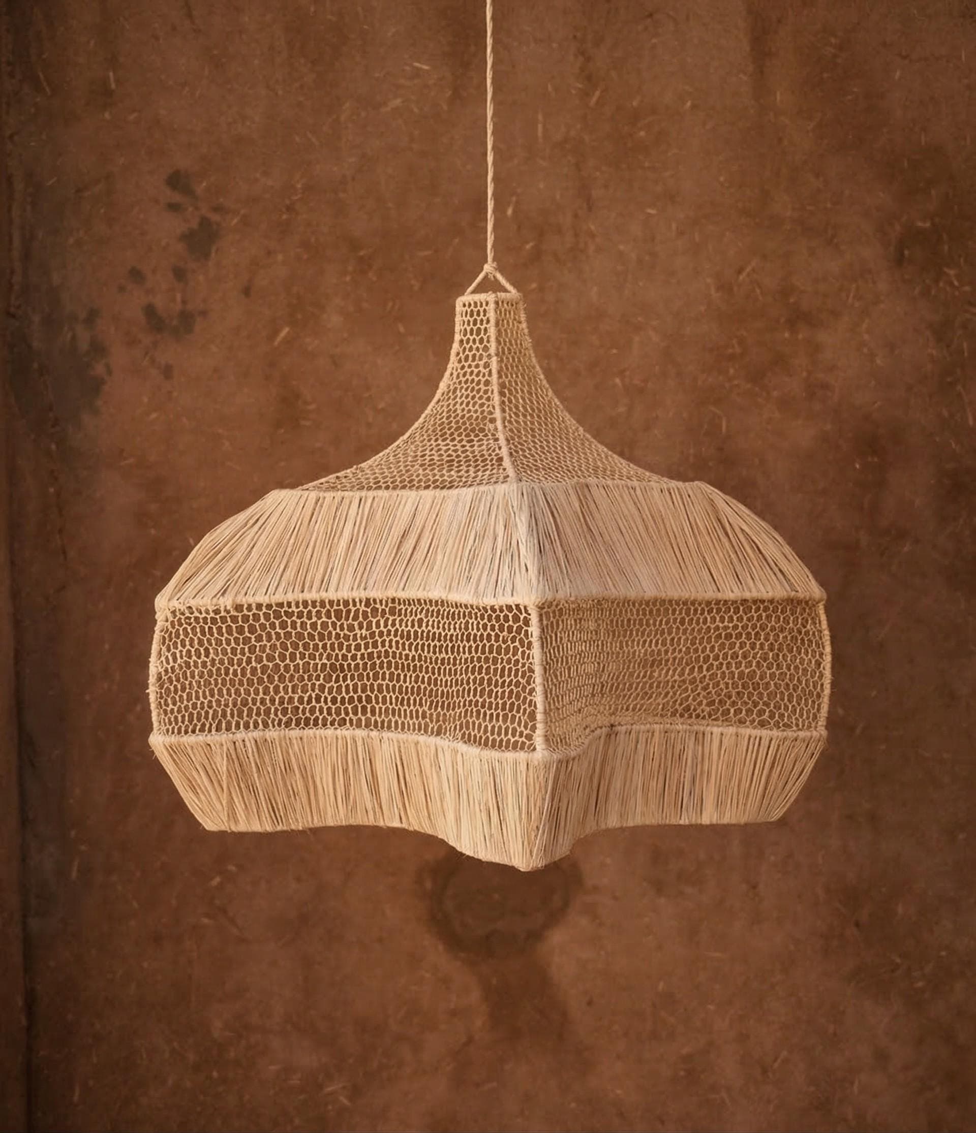 Handwoven Raffia Pendant Light – Boho Natural Fiber Ceiling Lamp – Moroccan Handmade Hanging Lamp