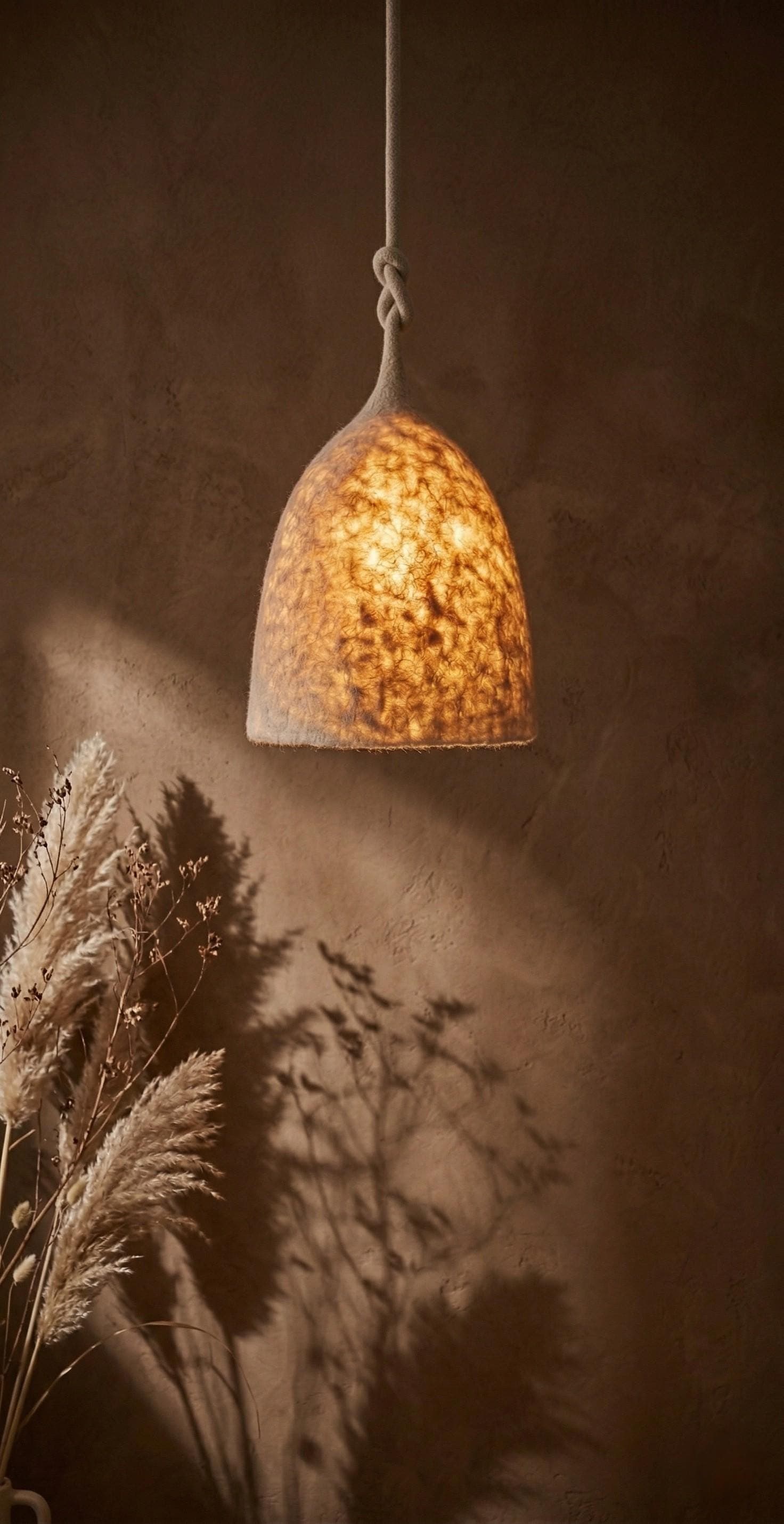Felt Wool Pendant Light – Handmade Boho Ceiling Lamp – Natural Fiber Hanging Light – Minimalist Scandinavian Lighting – Cozy Home Decor