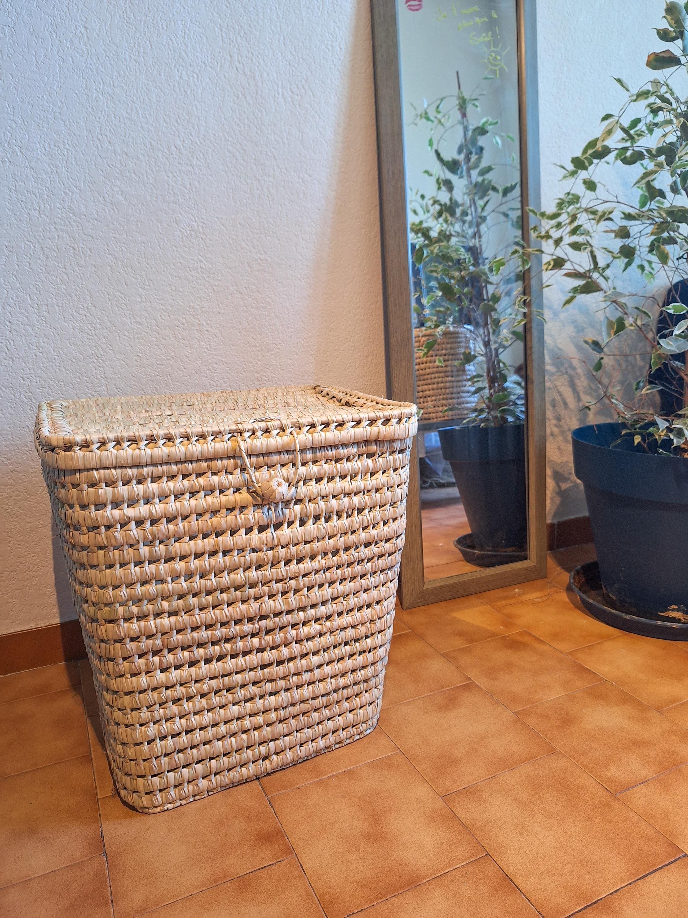 Woven Palm Leaf Laundry Basket - Large Storage Basket with Lid, Boho Style Handmade