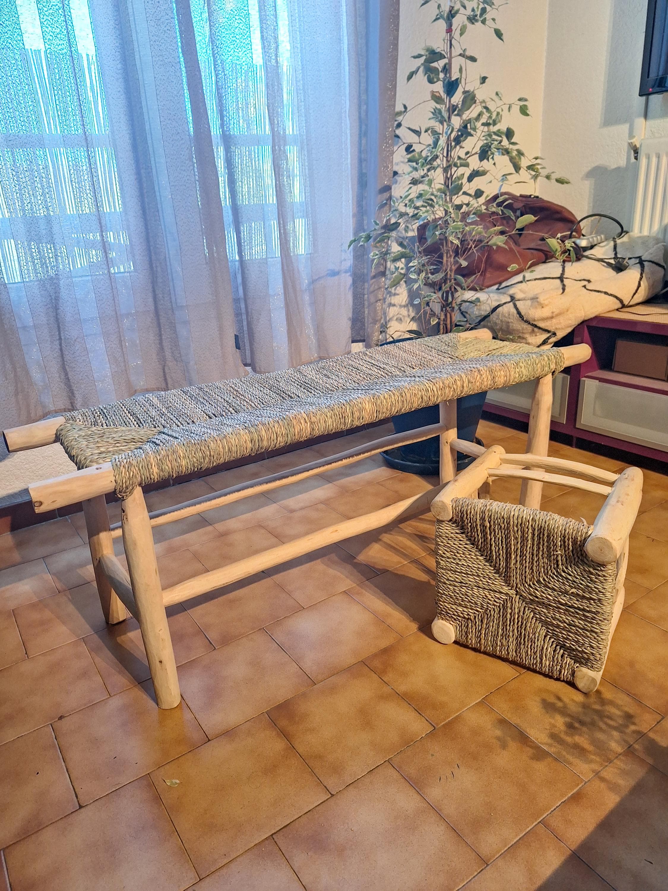 Wooden bench and natural palm leaf rope