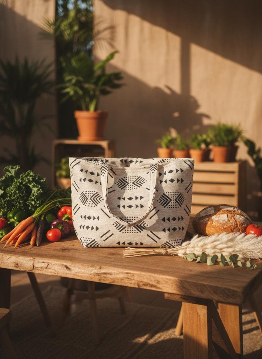 Large White Moroccan Tote Bag - Black Berber Pattern Fabric - Boho Chic Shoulder Bag - Handmade Ethnic Market & Beach Bag