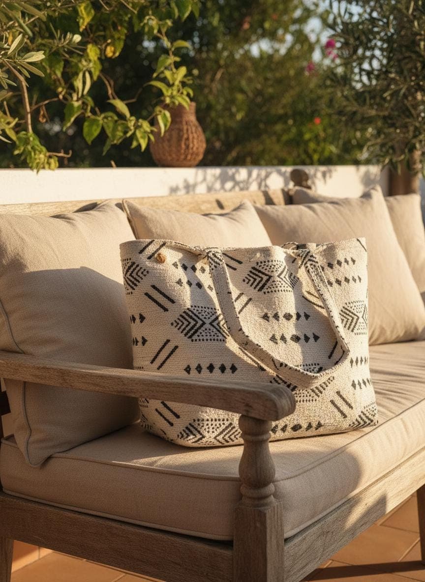 Large White Moroccan Tote Bag - Black Berber Pattern Fabric - Boho Chic Shoulder Bag - Handmade Ethnic Market & Beach Bag