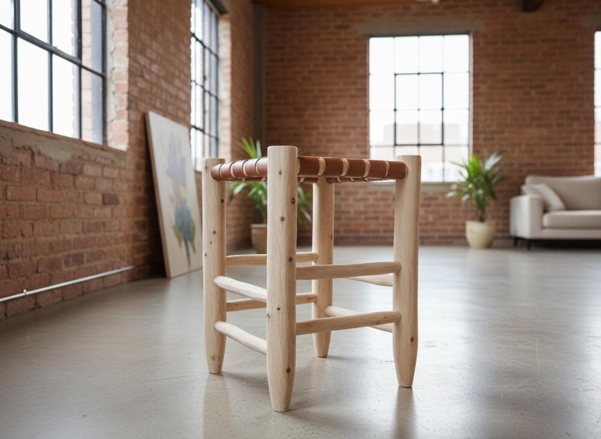 Tabouret artisanal en bois et cuir tressé – cuir foncé ou cuir clair – Style bohème chic et rustique moderne