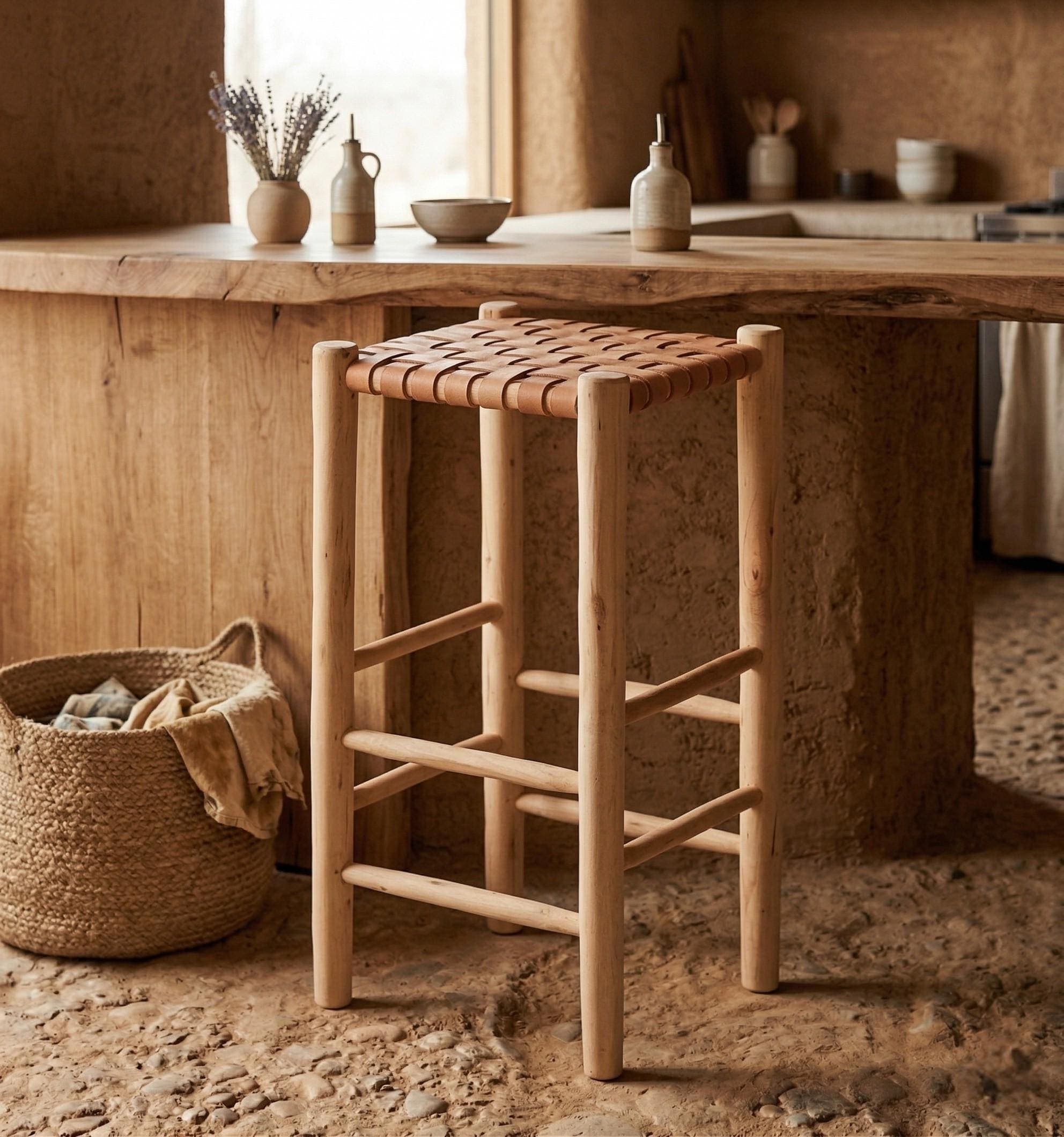 Leather Bar Stool – Handwoven Leather & Solid Wood Stool – Moroccan Handmade Bar Chair – Boho Rustic Kitchen Stool – Natural Home Decor