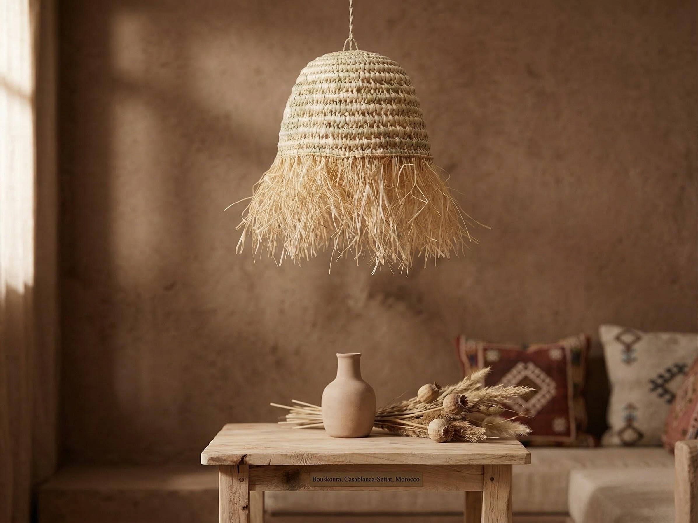 Suspension Demi-Boule Feuille de Palmier - Luminaire Naturel Bohème - Abat-jour Artisanal Osier Fait Main