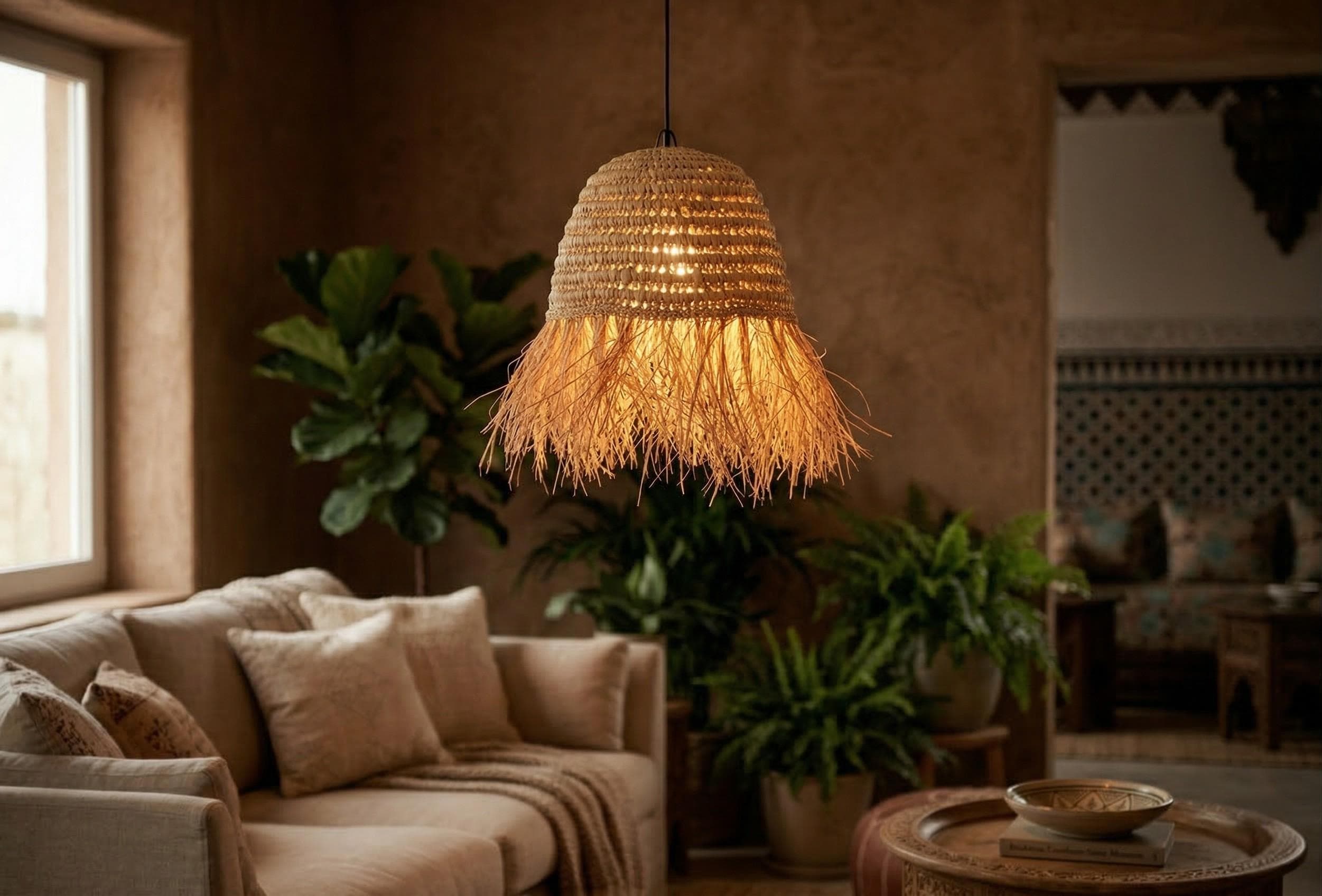 Suspension Demi-Boule Feuille de Palmier - Luminaire Naturel Bohème - Abat-jour Artisanal Osier Fait Main