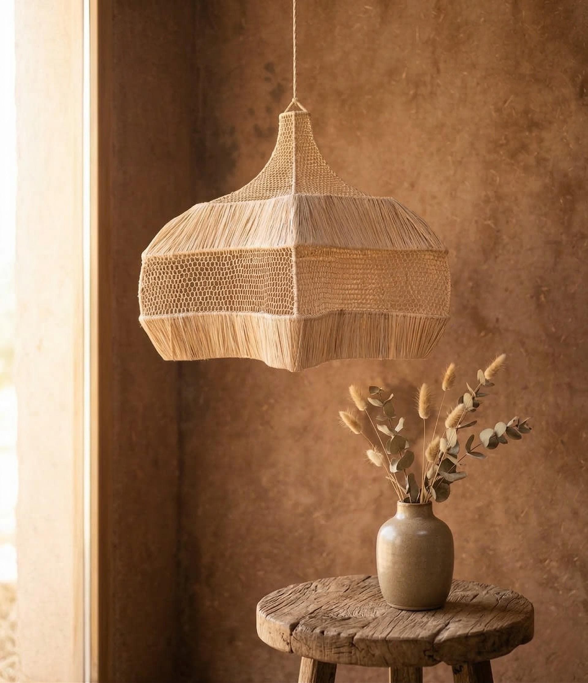 Handwoven Raffia Pendant Light – Boho Natural Fiber Ceiling Lamp – Moroccan Handmade Hanging Lamp