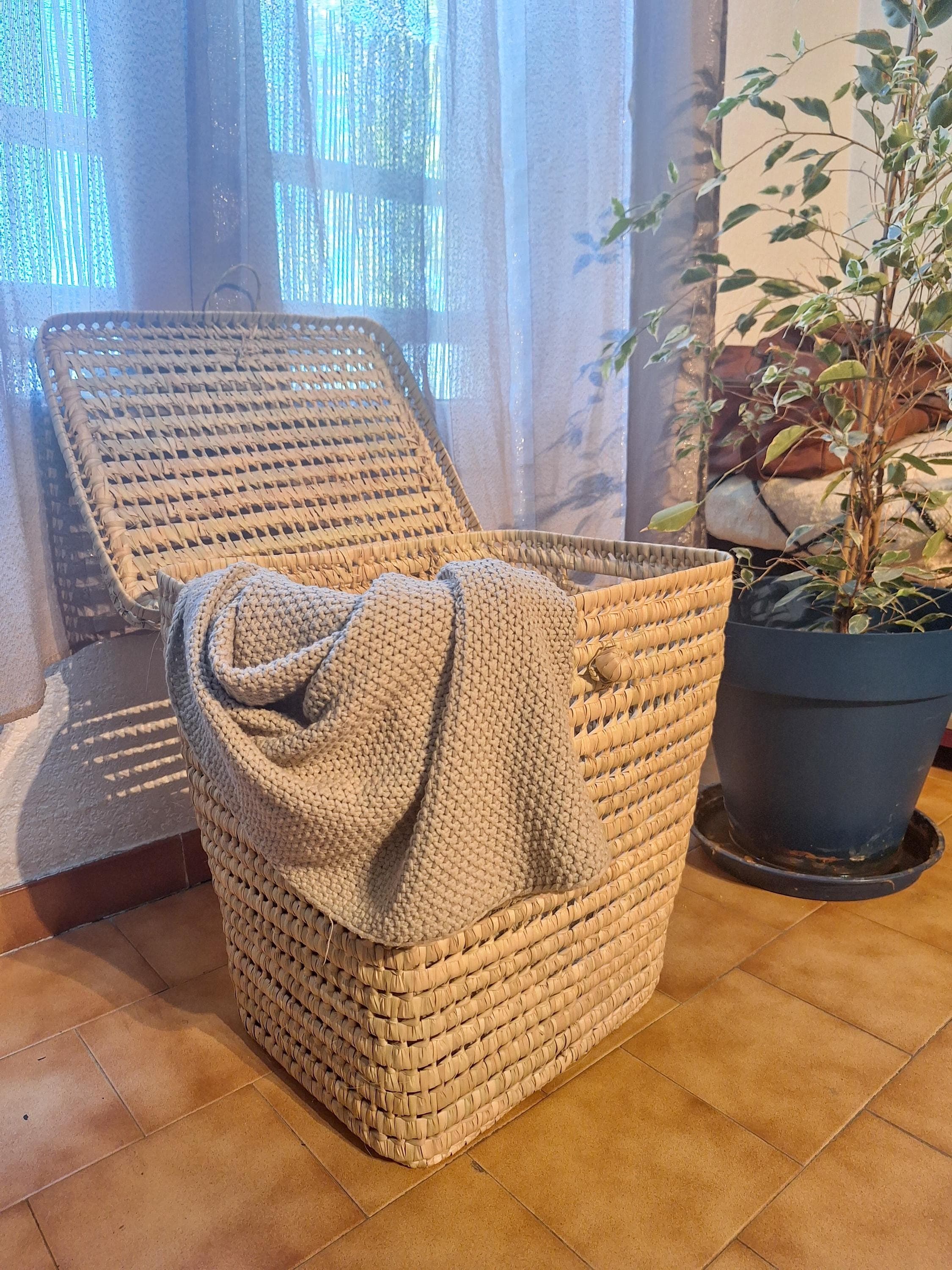 Woven Palm Leaf Laundry Basket - Large Storage Basket with Lid, Boho Style Handmade