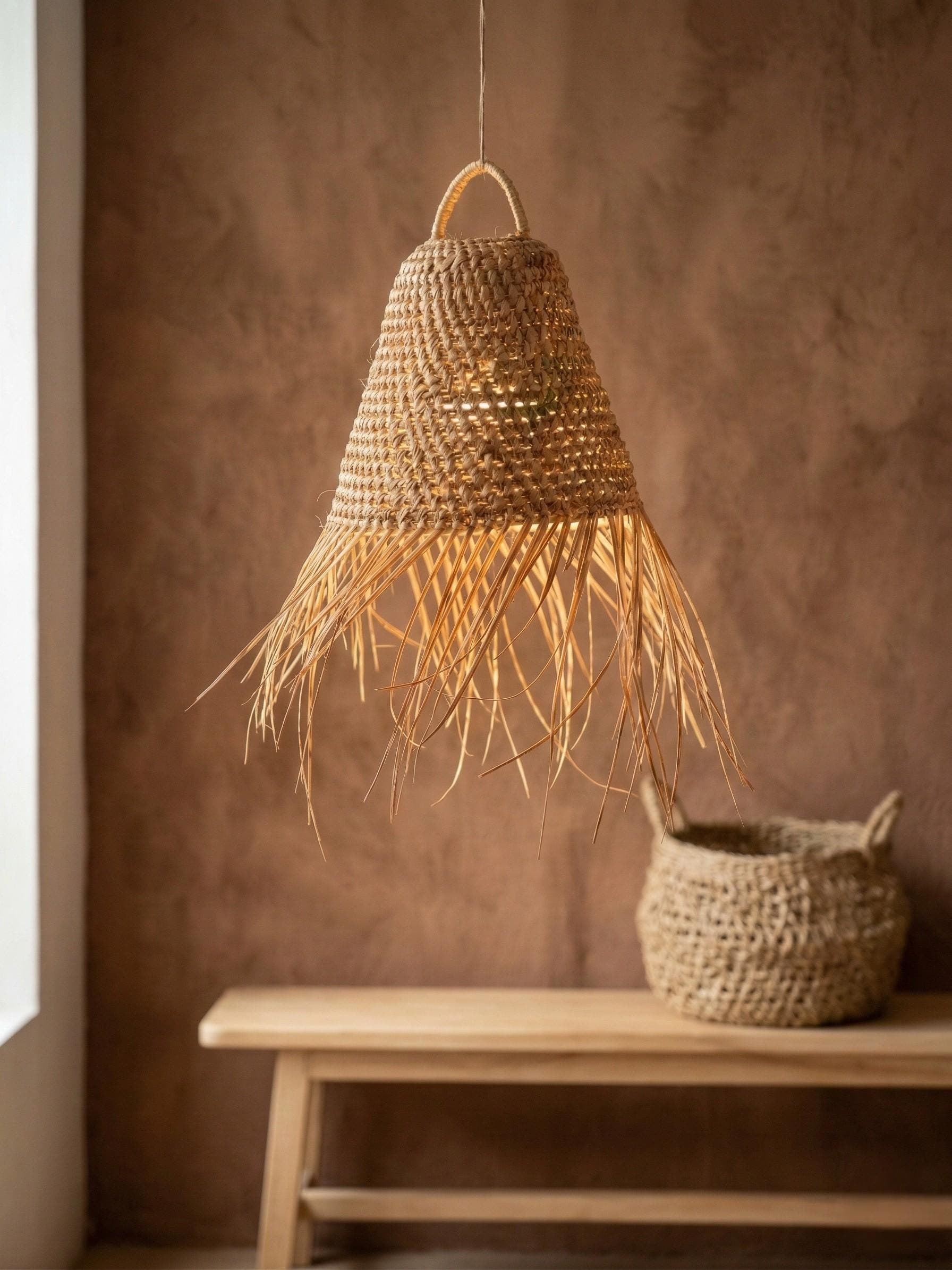 Suspension Luminaire Cloche en Feuille de Palmier - Abat-jour Bohème Naturel Fait Main - Éclairage Artisanal Marocain - Déco Méditerranéenne