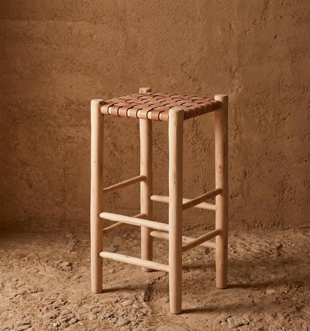 Leather Bar Stool – Handwoven Leather & Solid Wood Stool – Moroccan Handmade Bar Chair – Boho Rustic Kitchen Stool – Natural Home Decor