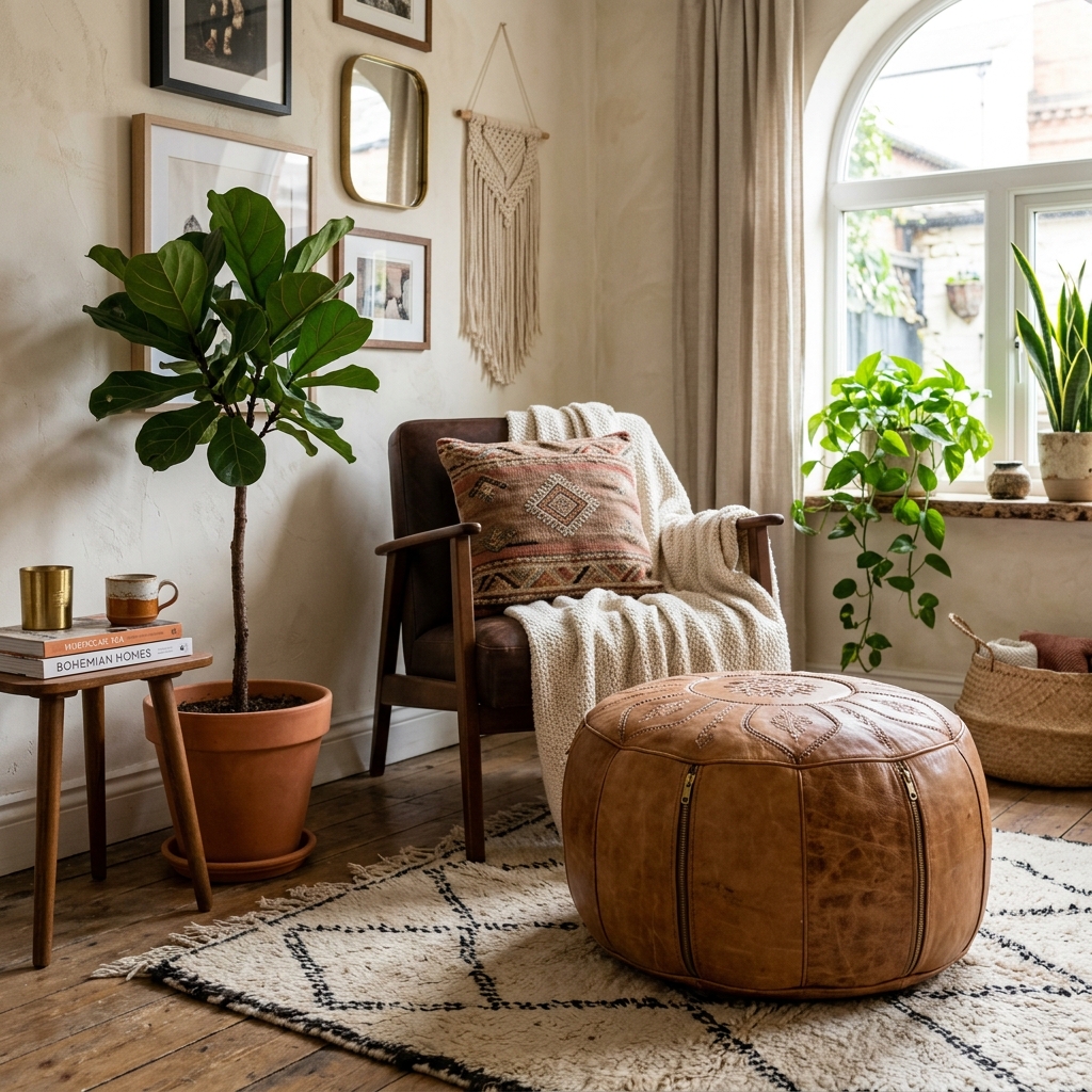 Pouf marocain en cuir dans un salon bohème