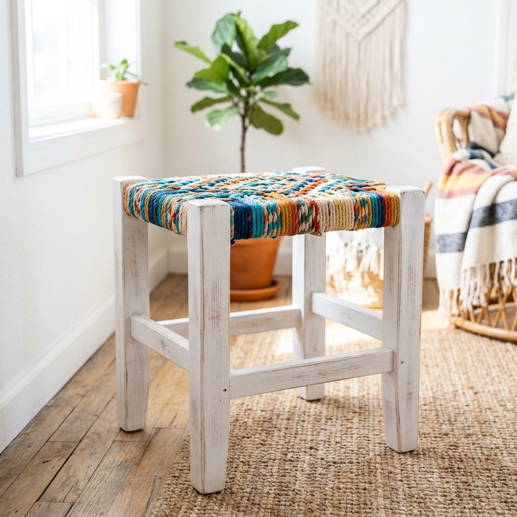 Tabouret Marocain en Bois Blanc et Cordes Multicolores